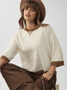Wildy Vacation Woman Country Concert Women Contrast Trim Knitted Top, Minimalist & Fashionable - Beige - View 3