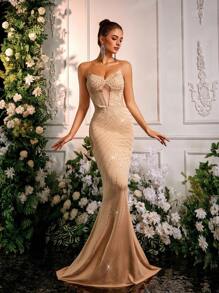 Glamrae 优雅闪亮杏色美人鱼长裙，适合正式晚会、派对、婚礼活动