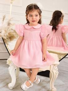 SHEIN 女婴甜美领口 A 字裙，飘逸袖子，优雅简约的设计 - 粉色 - 查看 1