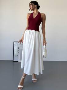 Firerie Women's Elegant Colorblock Halter V-Neck Dress, Suitable For Casual Daily Wear