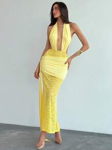 Aloruh Gelbes romantisches, sexy figurbetontes langes Kleid mit V-Ausschnitt und Spitze für Hochzeit, Date Night - Gelb - Übersicht 5