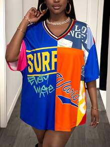 Slaydiva Plus Size 2025 New Easter/Western/Thanksgiving Women, Winter Casual Streetwear, Colorblock V-Neck Short Sleeve Top - Navy Blue