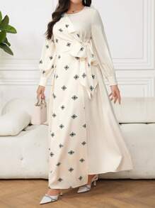 Veilorie Plus Size Elegant Print Patchwork Tie-Up Wrap Dress - Apricot - View 6