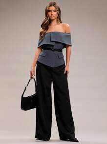 SHEIN BAE Women's Solid Color Off Shoulder Single-Breasted Blazer - Dark Grey - View 4