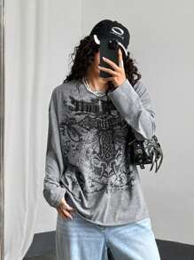 StreetHx Women's Gothic Print Loose Casual Dark Street Style Round Neck Thin Long Sleeve T-Shirt, Autumn/Winter Graphic Tees Women Tops For Spring Outfit