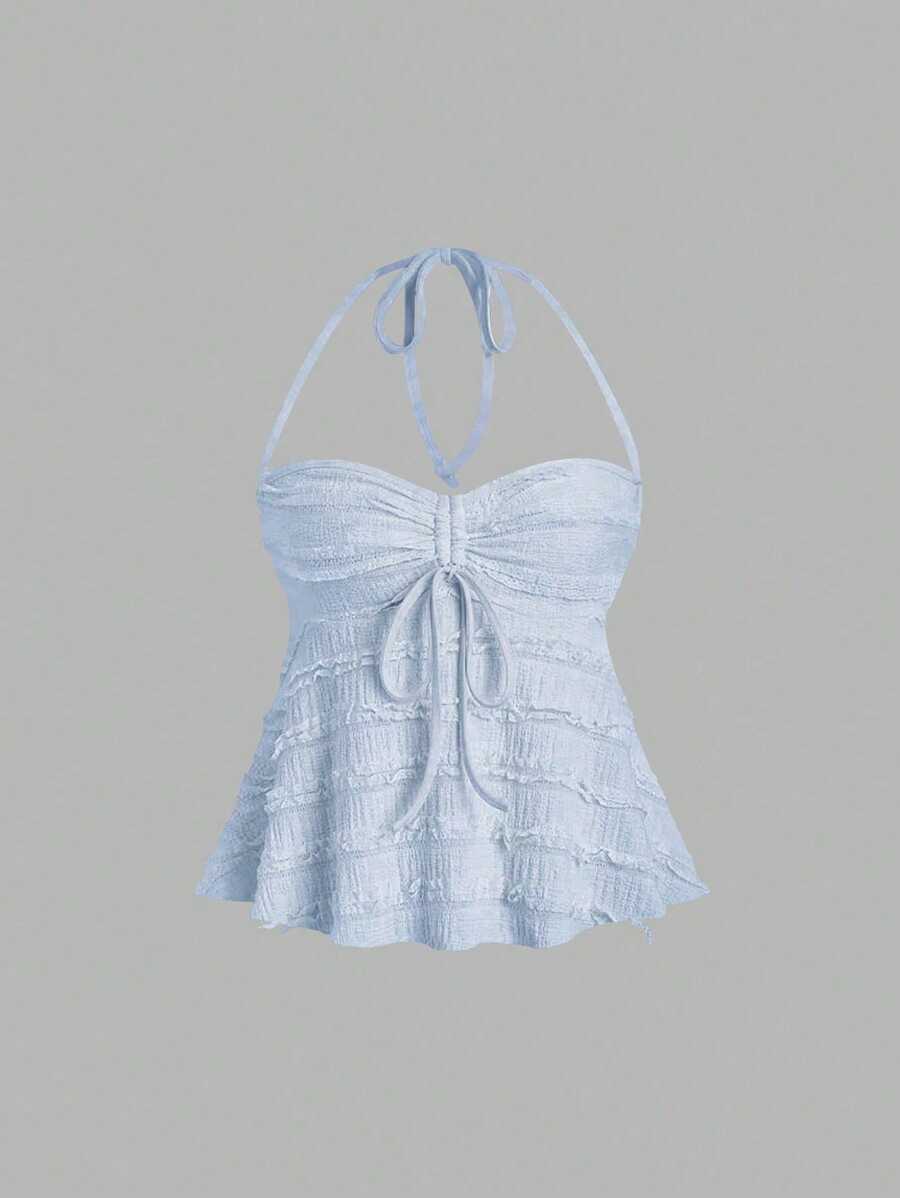 SHEIN PETITE Apricot Drawstring Collar Knit Ruffle Textured Fabric Backless Halter Sexy Tank Top For Petite Women - Baby Blue - View 1