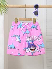Tween Boy Summer Beach Swimsuit, Cartoon Shark Print Elastic Waist Drawstring Beach Shorts - Pink - View 3