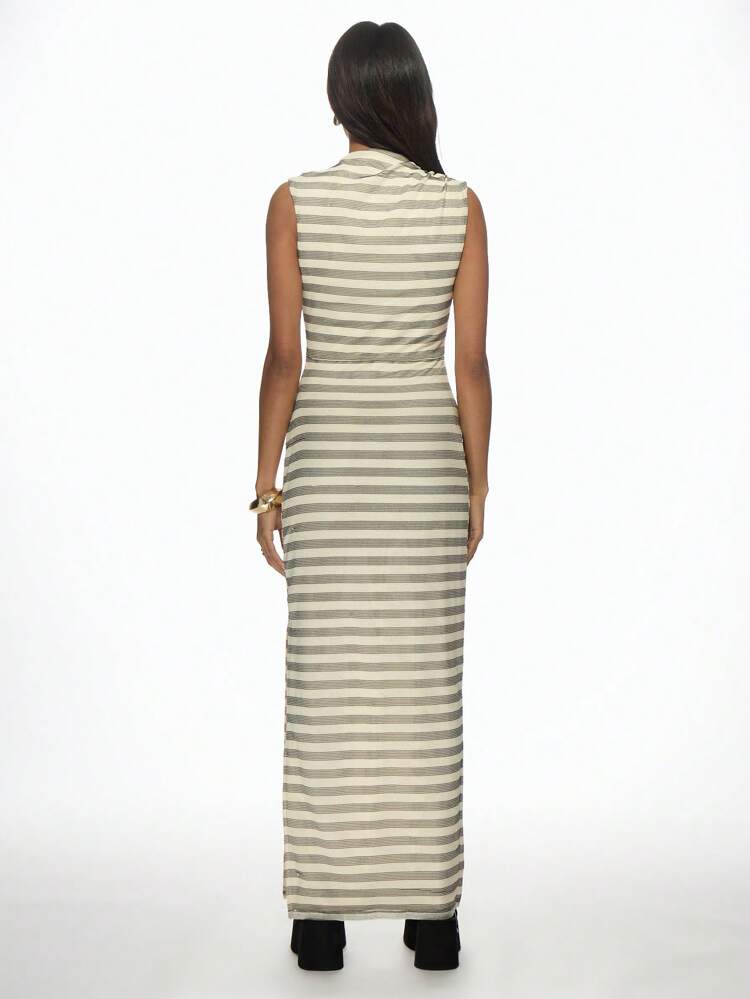 MISSGUIDED Abito lungo casual estivo da donna con collo alto a righe, aderente, senza maniche, adatto per vacanza, spiaggia o uso quotidiano, in maglia costine sottile