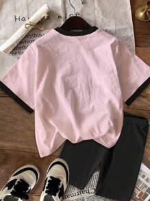 SHEIN Leap Crew 2pcs Set Tween Girls Casual Leopard Bow, Girl English Letter Print Short Sleeve T-Shirt And Shorts Set, Summer - Multicolor - View 4