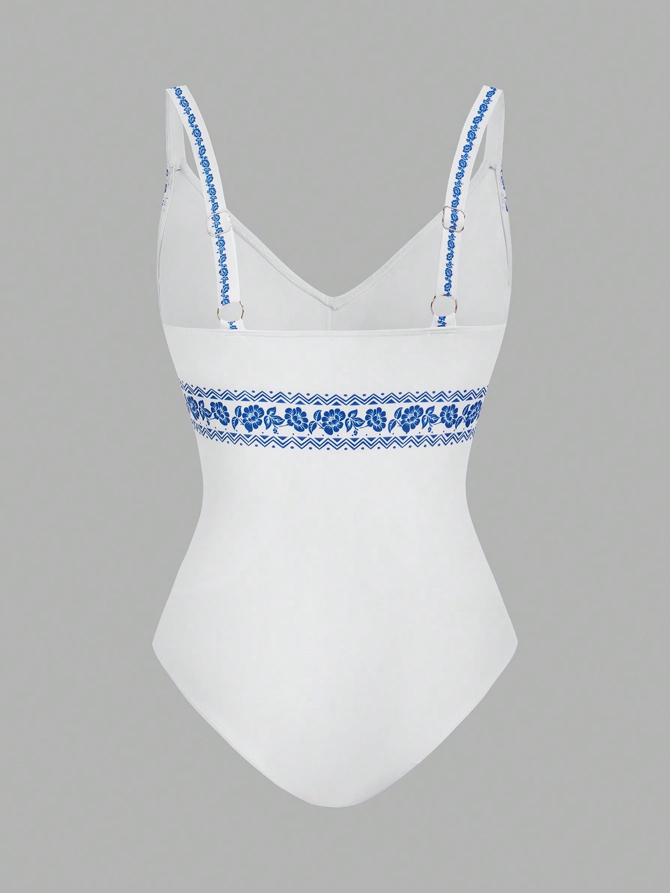 SHEIN Swim Oasis 2 Peças/Conjunto Maiô com Estampa Floral de Decote em V e Calça Pantalona Cobre Tudo para Praia e Férias - Azul e Branco - Visão 4