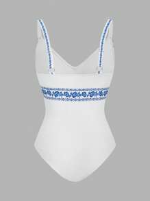 SHEIN Swim Oasis 2pcs/Set Floral Print V-Neck One-Piece Swimsuit And Wide Leg Pants Cover Up Beach Vacation Set - Blue and White - View 4