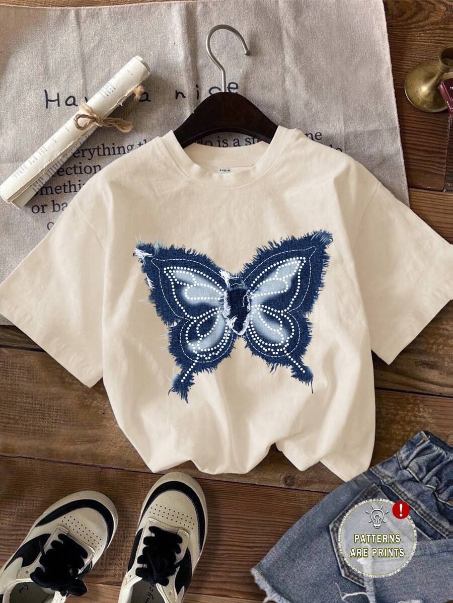 SHEIN 年轻女孩休闲图案短袖T恤，适合夏季 - 卡其色 - 查看 1