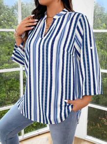 Celure Camicia a maniche lunghe con scollo a V a righe, taglie comode, minimalista e alla moda, adatta per l'estate