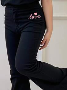 SHEIN 2pcs/Set Tween Girls Casual Minimalist Letter Graphic Loose Short Sleeve Tee And Flared Pants Set, Suitable For Spring/Summer - Black - View 4