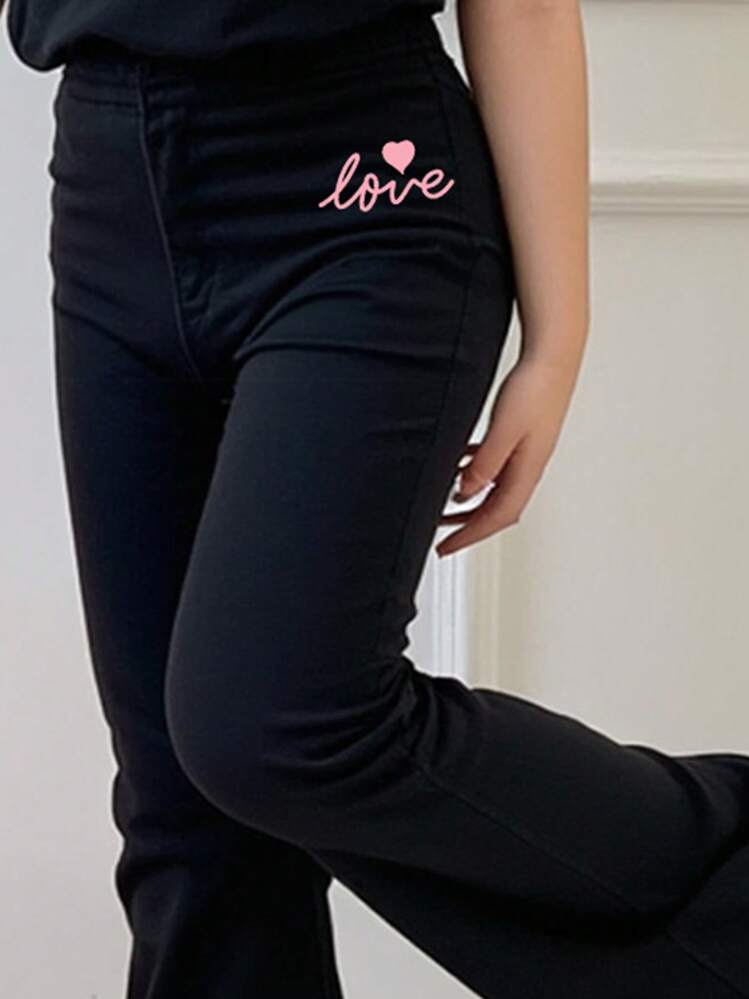 SHEIN 2pcs/Set Tween Girls Casual Minimalist Letter Graphic Loose Short Sleeve Tee And Flared Pants Set, Suitable For Spring/Summer - Black - View 4