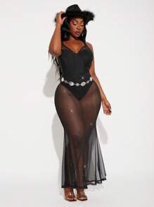 SHEIN SXY 大码女式新款春夏透视网眼细肩带连衣裙，带亮片，迷人的美人鱼下摆设计，包括内置吊带背心衬里，开裆设计，适合日常穿着、音乐节、海滩度假、约会之夜、生日、单身派对、可爱、休闲、购物、街头服饰、外出，易于搭配且看起来苗条，突出身体，凸显身材 - 黑色 - 查看 6