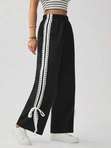 SHEIN LUNE Summer Casual  Western Clothes For Women Women's Black Side Striped Lace Trim Casual Straight Leg Pants - Black - View 6