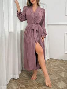 Women's Casual Dusty Pink Knitted Midi Robe With V-Neck, Bishop Sleeve, And Belted Frill Detail Loungewear - Dusty Pink - View 2