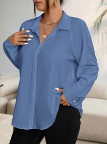 EMERY ROSE Plus Size Casual Solid Color Long Sleeve Shirt - Dusty Blue - View 6