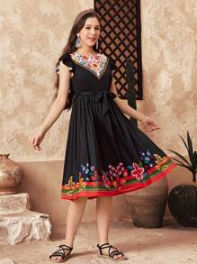 SHEIN Teen Girl Elegant Minimalist Round Neck Ruffle Sleeve Retro Pattern Midi Dress - Black - View 5