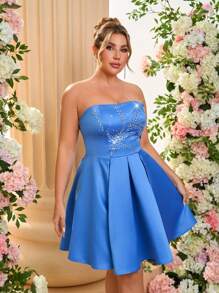SHEIN Belle Plus Size Luxury Playful Blue Rhinestone Detail Crop Hem A-Line Prom Dress, Wedding Guest Dress, Party Dress - Blue - View 1