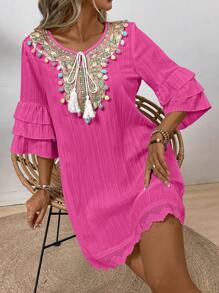 EMERY ROSE Women Fashionable Notched V-Neck Dress With Colored Pom-Pom Decoration Vacation Beach Outfit - Hot Pink - View 6