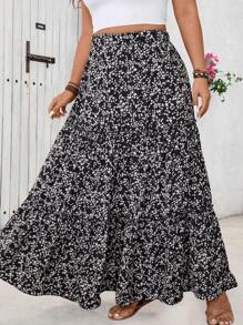 SHEIN LUNE Plus Size Women's Ditsy Floral Skirt, Suitable For Beach Vacation - Black - View 7