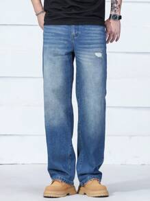 Manfinity EZcore Men's Medium Wash Denim Jeans: Long Zipper Fly Relaxed Fit With Distressed Detail - Medium Wash - View 5