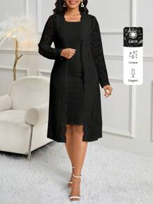 SHEIN Lady 2 件套女士优雅白色蕾丝夹克和百搭白色紧身连衣裙 - 黑色 - 查看 1