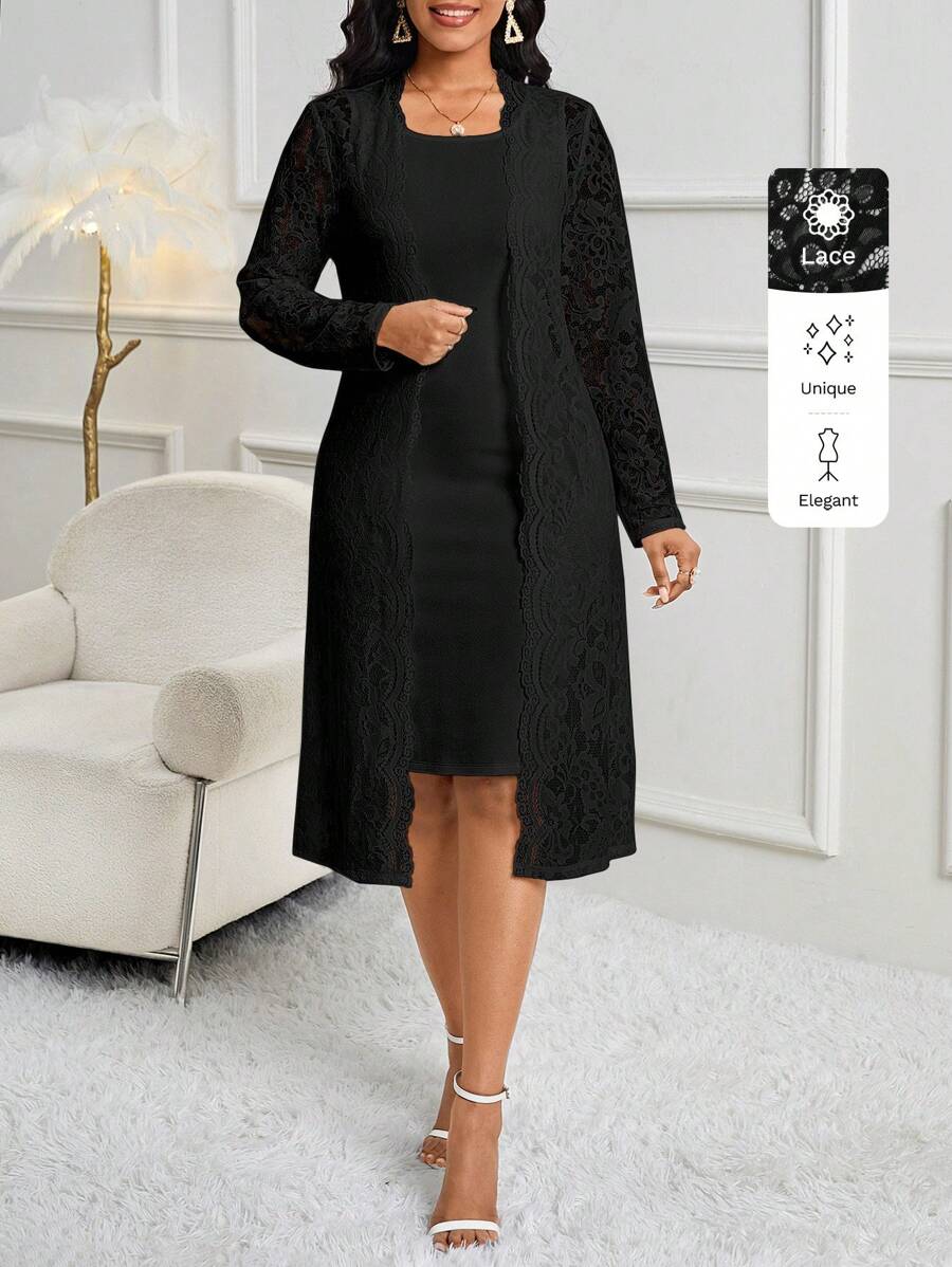 SHEIN Lady 2 件套女士优雅白色蕾丝夹克和百搭白色紧身连衣裙 - 黑色 - 查看 1