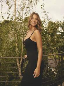 SHEIN Aralina-F 纯色细肩带镂空修身连衣裙 - 黑色 - 查看 6