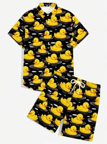 Manfinity RSRT Fashionable Casual & Holiday Style Funny Cartoon Little Yellow Duck All-Over Digital Print Pattern Slim Fit Casual Shirt And Shorts Set For Men, Perfect For Outdoor Holiday, Date, Party, Gift For Boyfriend - Black - View 6