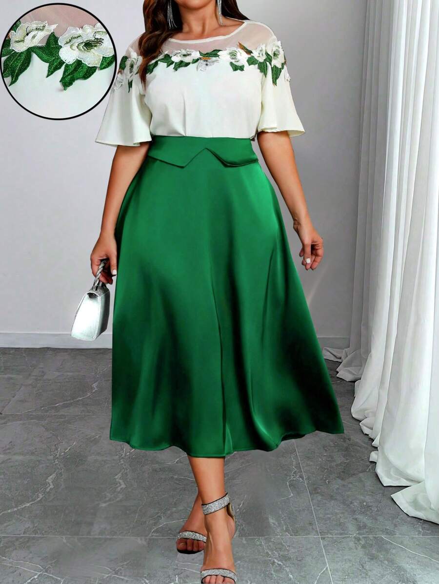 SHEIN Belle 大码 2 件套：短袖上衣和 A 字裙，简约休闲日常穿着 - 綠色 - 查看 1