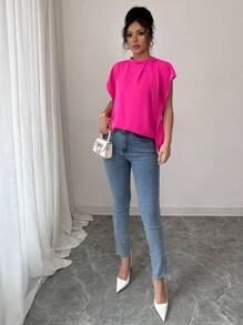 Elenzga Solid Color Sleeveless Pleated Casual Shirt, Suitable For Everyday Wear - Hot Pink - View 5