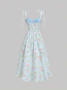 SHEIN MOD Đầm Maxi Mùa Hè In Hoa Lãng Mạn Có Dây Buộc Vai Eo Cho Nữ, Đầm Mùa Hè Cho Nữ, Đầm Phong Cách Bridgerton, Đầm Hoa - Màu xanh lam - Xem 2