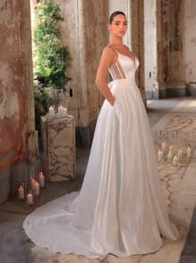 Glamrae Elegant White Satin Backless Dress With Sheer Mesh Panels, Adjustable Tie Shoulder Straps, Large Back Bow, Side Pockets, And Voluminous A-Line With Long Train, Bridal Gown, Wedding Dress, Bride - White - View 4