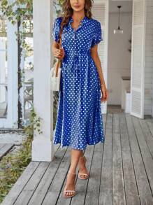 Breezaya Polka Dot Drawstring Button Front Dress Maxi Vacation Beach Outfits Women - Blue - View 5
