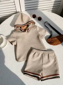 SHEIN 3 Stücke/Set Baby Jungen/Mädchen kontrastfarbener Kapuzen-Kurzarm-Pullover, Shorts mit Gummibund & Umhängetasche - Aprikosenfarben - Übersicht 6