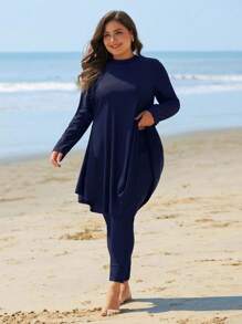 Swim Mulvari Plus Size Solid Color Split Style Burkini Set For Summer Beach Vacation