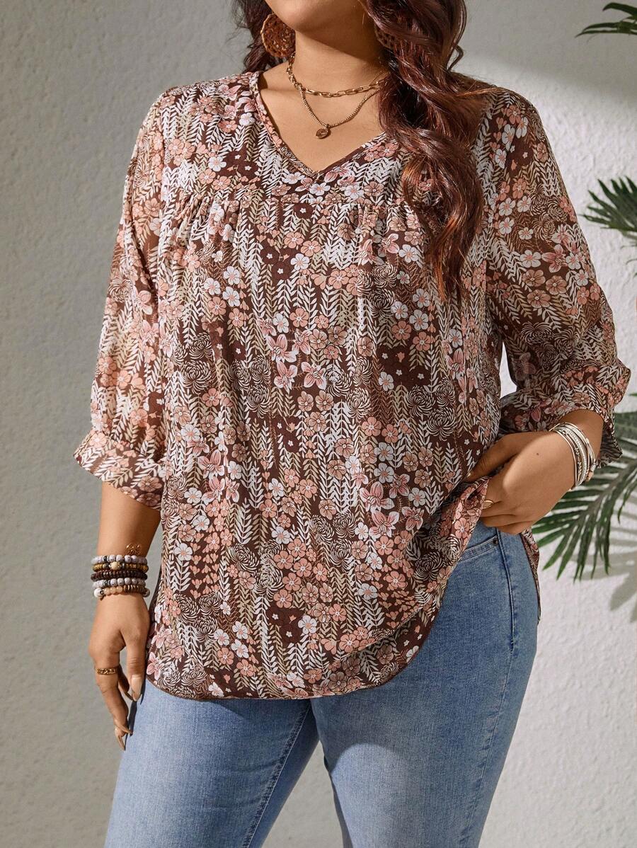 EMERY ROSE Plus Size Women's Elegant Chiffon Random Print 3/4 Sleeve Blouse - Multicolor - View 1