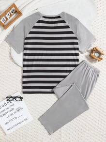 Men's Striped Round Neck Raglan Sleeve Top And Pants Lounge Outfit