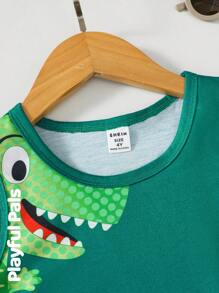 SHEIN 卡通恐龙印花圆领休闲上衣，男童款 - 綠色 - 查看 4
