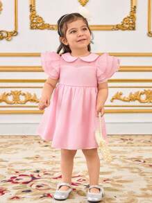 SHEIN 女婴甜美领口 A 字裙，飘逸袖子，优雅简约的设计 - 粉色 - 查看 6