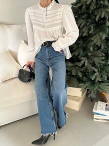 DAZY Áo sơ mi nữ cổ đứng, ren, màu trơn, tay dài, bèo nhún, quần áo mùa thu - trắng - Xem 8