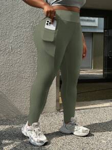 CovetEZ Plus Size Women's Solid Color High Waist Casual Leggings With Pockets - Green - View 1