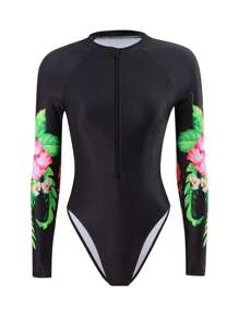 Swim SPRTY Women's Springbreak One-Piece Long Sleeve Printed Zipper Front Surfing Suit, Boho Festival Style, Summer Beach Vacation