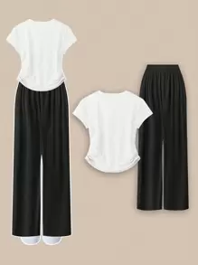 Flirla Plus-size effen ronde hals asymmetrisch geplooid T-shirt met korte mouwen en wijde broek (2-delige set), casual, veelzijdige en relaxte pasvorm voor dagelijks gebruik en feestdagen, lente/herfst