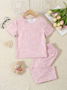 2pcs Young Girls Flame Retardant Cute Bear Print Casual Short Sleeve Top & Pants Pajama Set - Pink - View 4