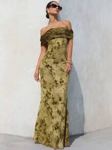 Aveloria Modichic 2025 Gray-Green Floral Jacquard Flocked Texture Sexy Elegant Sophisticated Off Shoulder Bodycon Fishtail Hem Midi Dress - Apricot - View 5