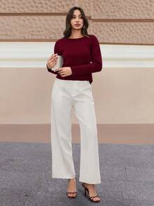 EURMUSE Damski sweter w jednolitym kolorze z wycięciem na plecach i ściągaczem